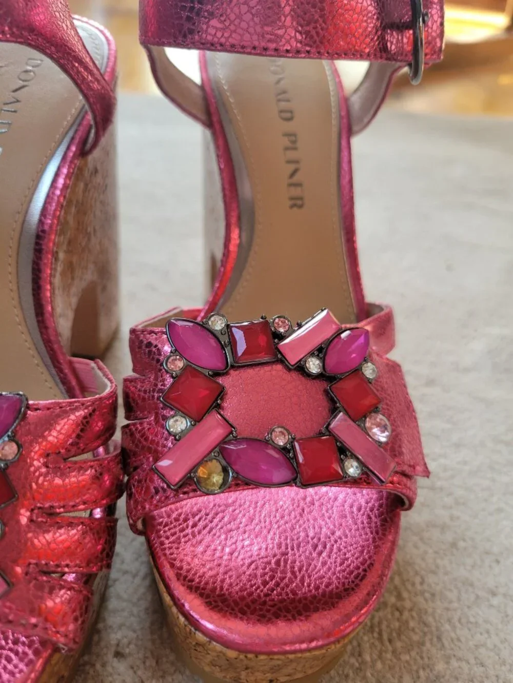 Donald Pliner Galatea Hot Pink Metallic Jeweled Glam Chic Cork Wedge Sandals 6.5